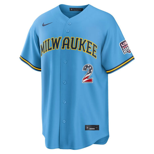 Brice Turang Milwaukee Brewers Nike USA 250 Fourth of July Road Stadium Jersey - Light Blue